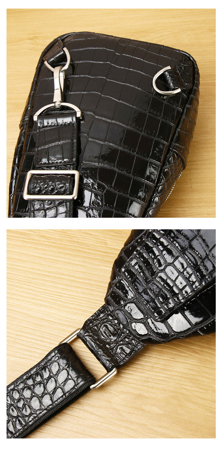 Whatna クロコダイル革 本革 斜めがけ ボディバッグ ワンショルダー メンズ ボディ斜め掛け 胸バッグ 厚手 レザー ワニ革 左右付け替え可能 黒 4461-9