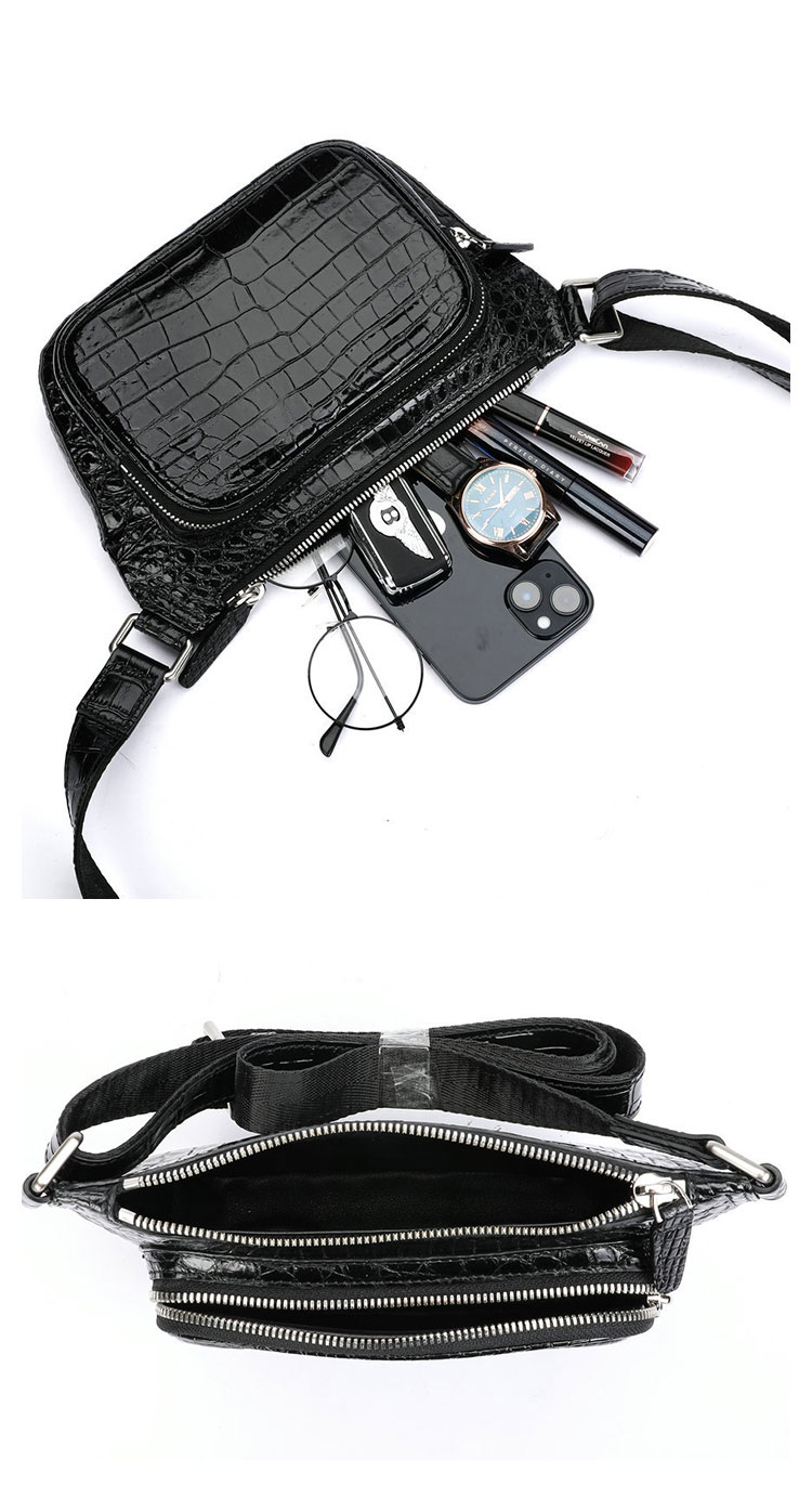 Whatna クロコダイル革 本革 斜めがけ ボディバッグ ワンショルダー メンズ ボディ斜め掛け 胸バッグ 厚手 レザー ワニ革 黑 ブラウン1133B-6