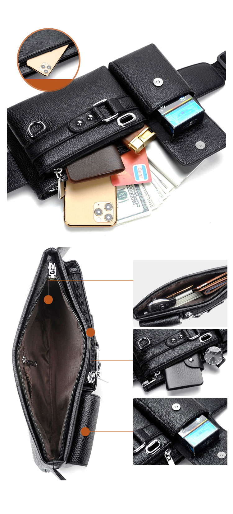 Whatna  ミニワンショルダーーバッグ メンズ ウエストポーチ ミニウエストバッグ イヤホン穴付 キーリング付 puレザー 男女兼用  斜めがけ ボディバッグ 胸バッグワンショルダー 軽量 ブラウン 黒Y88-7