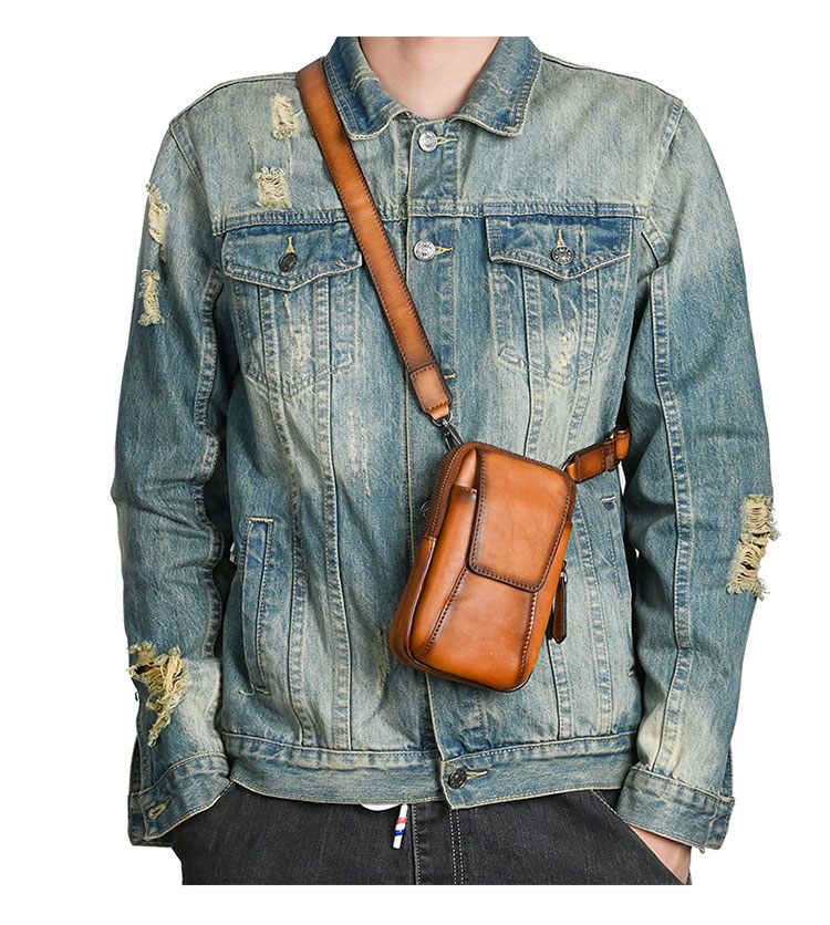 Whatna アンティーク風合い鞣し天 然 牛革 ミニワンショルダーバッグ メンズ  ミニウエストバッグ ウエストポーチバイク用 ベルトバッグ ヒップバッグ厚手 レザー 本 革 男女兼用 ミニ斜め掛け ボディバッグ 胸バッグ  ワンショルダー 軽量-9