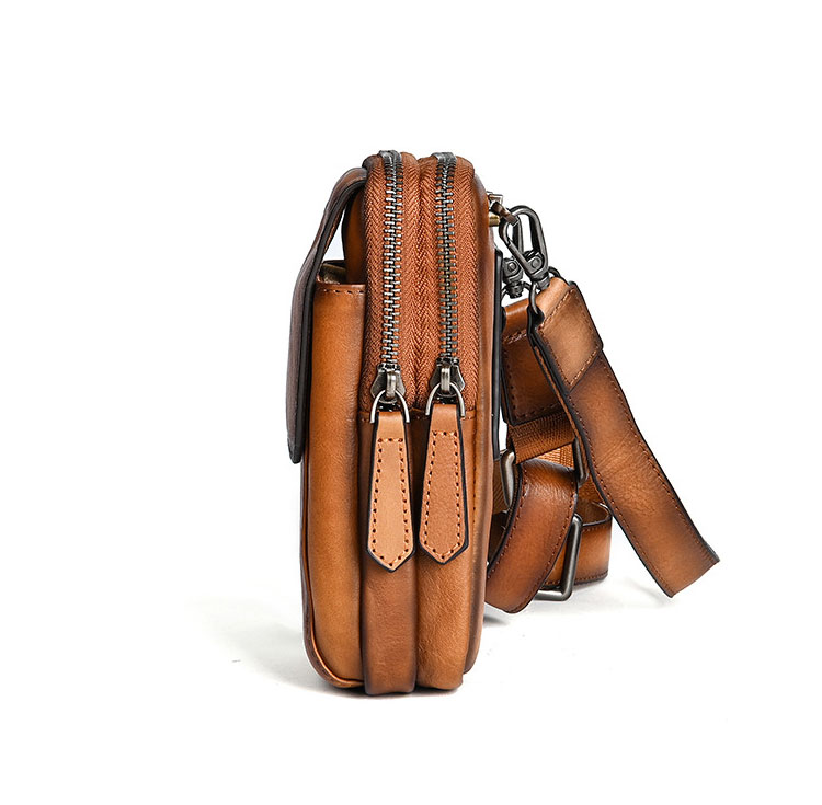 Whatna アンティーク風合い鞣し天 然 牛革 ミニワンショルダーバッグ メンズ  ミニウエストバッグ ウエストポーチバイク用 ベルトバッグ ヒップバッグ厚手 レザー 本 革 男女兼用 ミニ斜め掛け ボディバッグ 胸バッグ  ワンショルダー 軽量-3