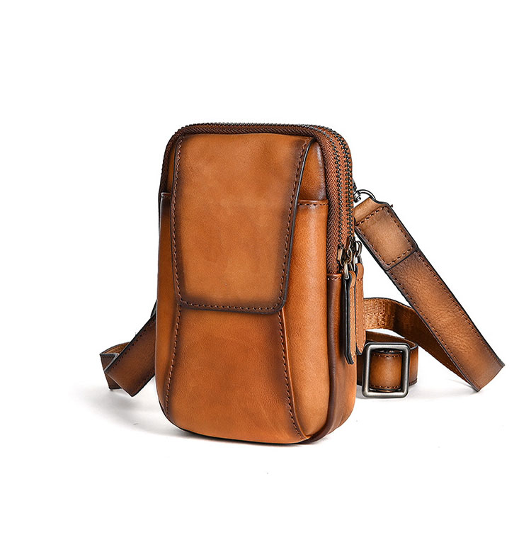 Whatna アンティーク風合い鞣し天 然 牛革 ミニワンショルダーバッグ メンズ  ミニウエストバッグ ウエストポーチバイク用 ベルトバッグ ヒップバッグ厚手 レザー 本 革 男女兼用 ミニ斜め掛け ボディバッグ 胸バッグ  ワンショルダー 軽量-1