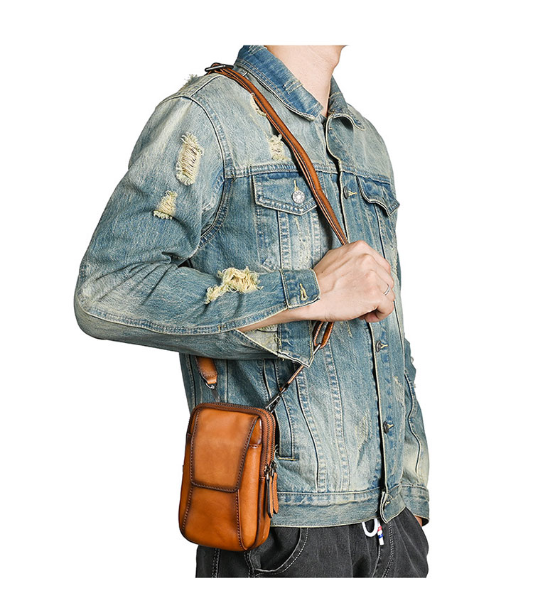 Whatna アンティーク風合い鞣し天 然 牛革 ミニワンショルダーバッグ メンズ  ミニウエストバッグ ウエストポーチバイク用 ベルトバッグ ヒップバッグ厚手 レザー 本 革 男女兼用 ミニ斜め掛け ボディバッグ 胸バッグ  ワンショルダー 軽量-8