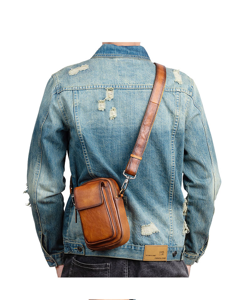 Whatna アンティーク風合い鞣し天 然 牛革 ミニワンショルダーバッグ メンズ  ミニウエストバッグ ウエストポーチバイク用 ベルトバッグ ポーチ ヒップバッグ 厚手 レザー 本 革 男女兼用 ミニ斜め掛け ボディバッグ 胸バッグ-8