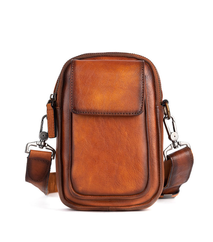 Whatna アンティーク風合い鞣し天 然 牛革 ミニワンショルダーバッグ メンズ  ミニウエストバッグ ウエストポーチバイク用 ベルトバッグ ポーチ ヒップバッグ 厚手 レザー 本 革 男女兼用 ミニ斜め掛け ボディバッグ 胸バッグ-1