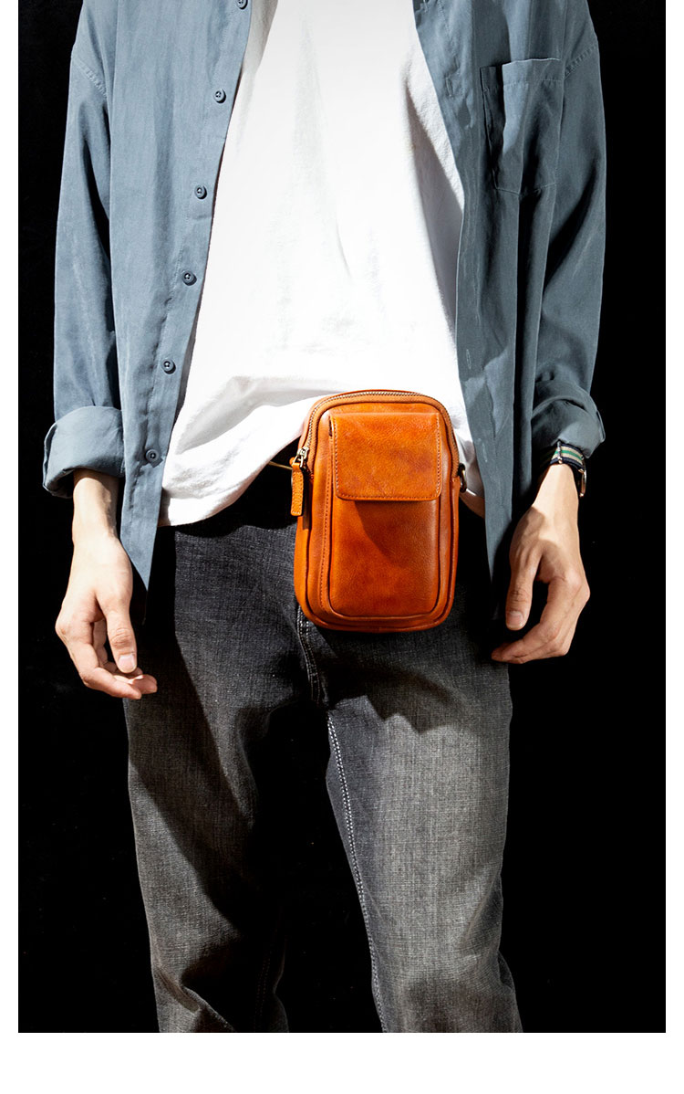 Whatna アンティーク風合い鞣し天 然 牛革 ミニワンショルダーバッグ メンズ  ミニウエストバッグ ウエストポーチバイク用 ベルトバッグ ポーチ ヒップバッグ 厚手 レザー 本 革 男女兼用 ミニ斜め掛け ボディバッグ 胸バッグ-10