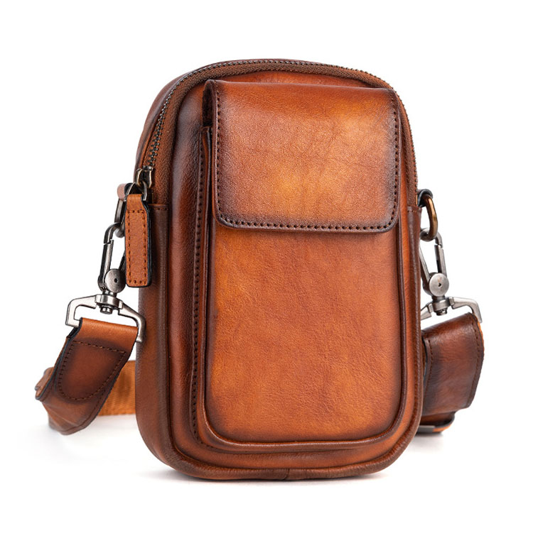 Whatna アンティーク風合い鞣し天 然 牛革 ミニワンショルダーバッグ メンズ  ミニウエストバッグ ウエストポーチバイク用 ベルトバッグ ポーチ ヒップバッグ 厚手 レザー 本 革 男女兼用 ミニ斜め掛け ボディバッグ 胸バッグ-3