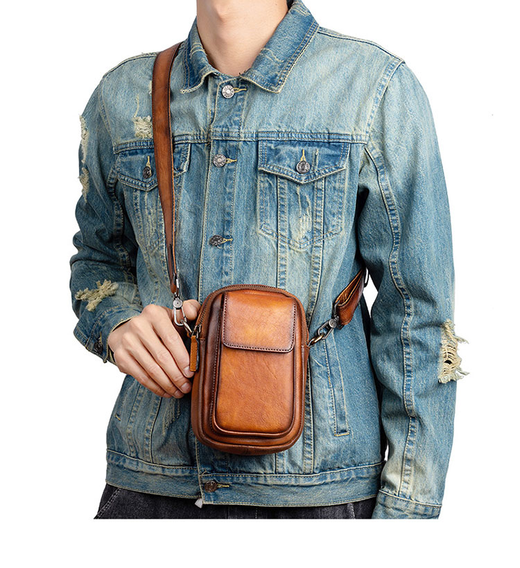 Whatna アンティーク風合い鞣し天 然 牛革 ミニワンショルダーバッグ メンズ  ミニウエストバッグ ウエストポーチバイク用 ベルトバッグ ポーチ ヒップバッグ 厚手 レザー 本 革 男女兼用 ミニ斜め掛け ボディバッグ 胸バッグ-9