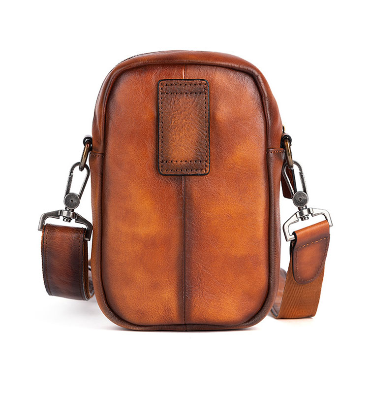 Whatna アンティーク風合い鞣し天 然 牛革 ミニワンショルダーバッグ メンズ  ミニウエストバッグ ウエストポーチバイク用 ベルトバッグ ポーチ ヒップバッグ 厚手 レザー 本 革 男女兼用 ミニ斜め掛け ボディバッグ 胸バッグ-2