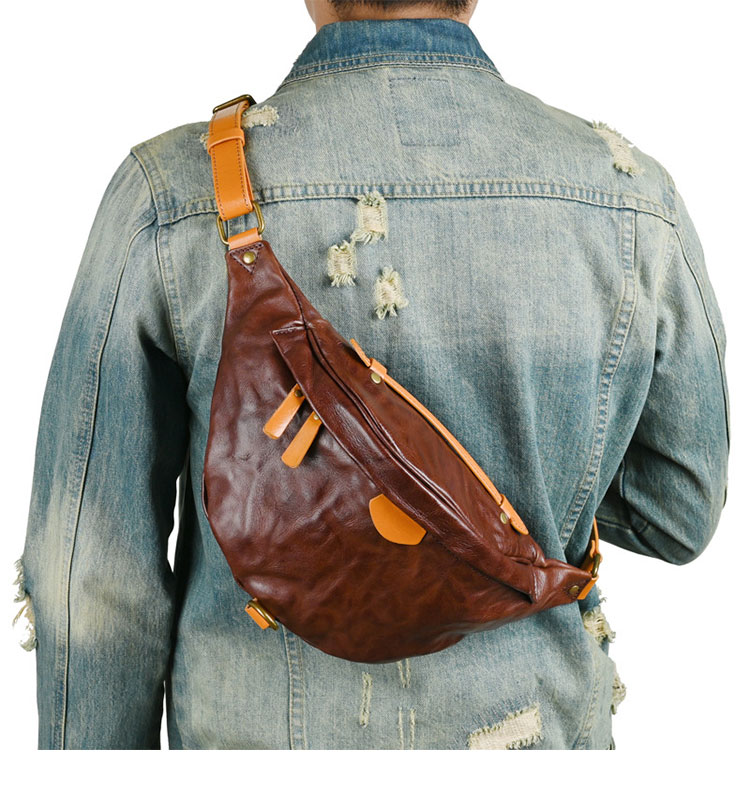 Whatna アンティーク風合い鞣し天 然 牛革 ウエストポーチ ウエストバッグ メンズ ミニショルダーバッグ 手作業で作 男女兼用 本革 斜めがけ ボディバッグ ワンショルダー 軽量 ブラウン 黒15017-8