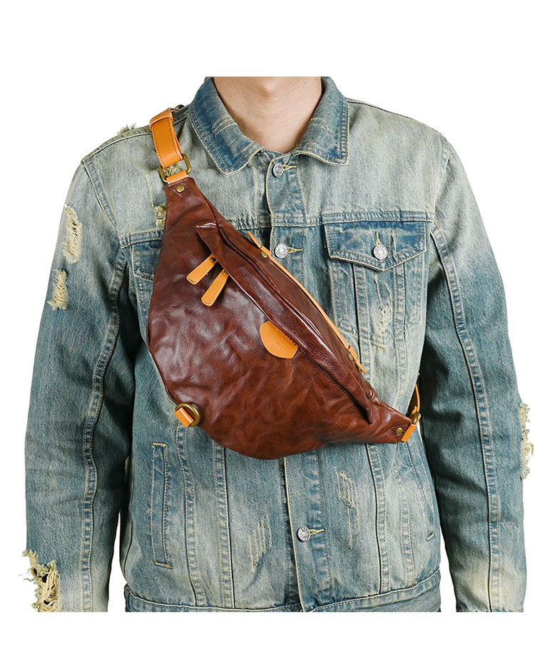 Whatna アンティーク風合い鞣し天 然 牛革 ウエストポーチ ウエストバッグ メンズ ミニショルダーバッグ 手作業で作 男女兼用 本革 斜めがけ ボディバッグ ワンショルダー 軽量 ブラウン 黒15017-7