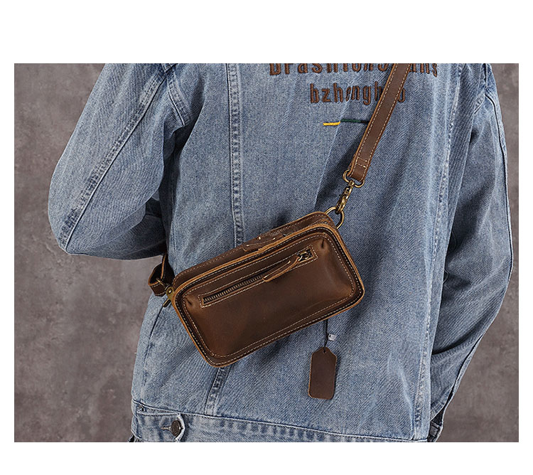 Whatna牛 革 ミニワンショルダーバッグ メンズ ミニ斜め掛け ボディバッグ 胸バッグ 手持げバッグ セカンドバッグ ミニウエストバッグ ウエストポーチバイク用 本革厚手 レザー 男女兼用 ブラウン 黒-11