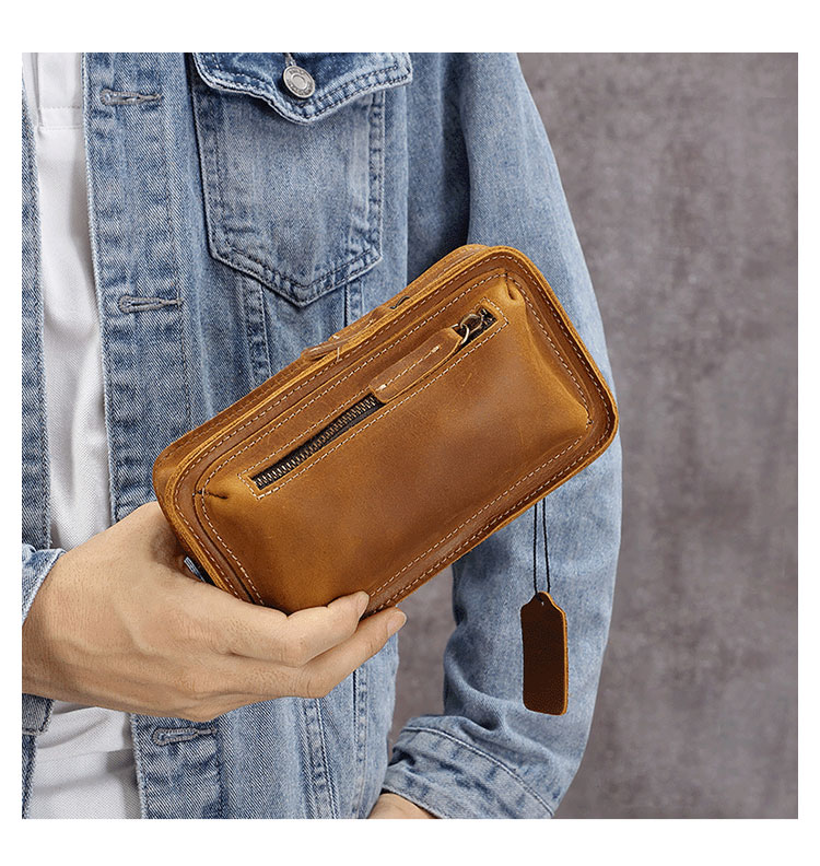 Whatna牛 革 ミニワンショルダーバッグ メンズ ミニ斜め掛け ボディバッグ 胸バッグ 手持げバッグ セカンドバッグ ミニウエストバッグ ウエストポーチバイク用 本革厚手 レザー 男女兼用 ブラウン 黒-9