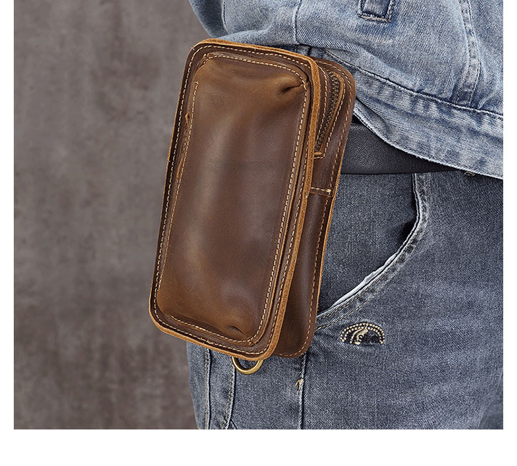 Whatna牛 革 ミニワンショルダーバッグ メンズ ミニ斜め掛け ボディバッグ 胸バッグ 手持げバッグ セカンドバッグ ミニウエストバッグ ウエストポーチバイク用 本革厚手 レザー 男女兼用 ブラウン 黒-13