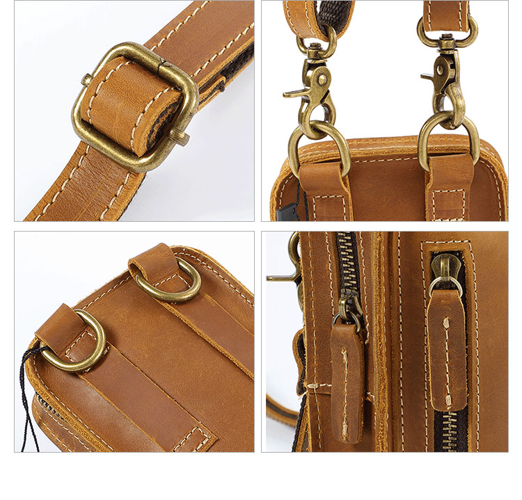 Whatna牛 革 ミニワンショルダーバッグ メンズ ミニ斜め掛け ボディバッグ 胸バッグ 手持げバッグ セカンドバッグ ミニウエストバッグ ウエストポーチバイク用 本革厚手 レザー 男女兼用 ブラウン 黒-8