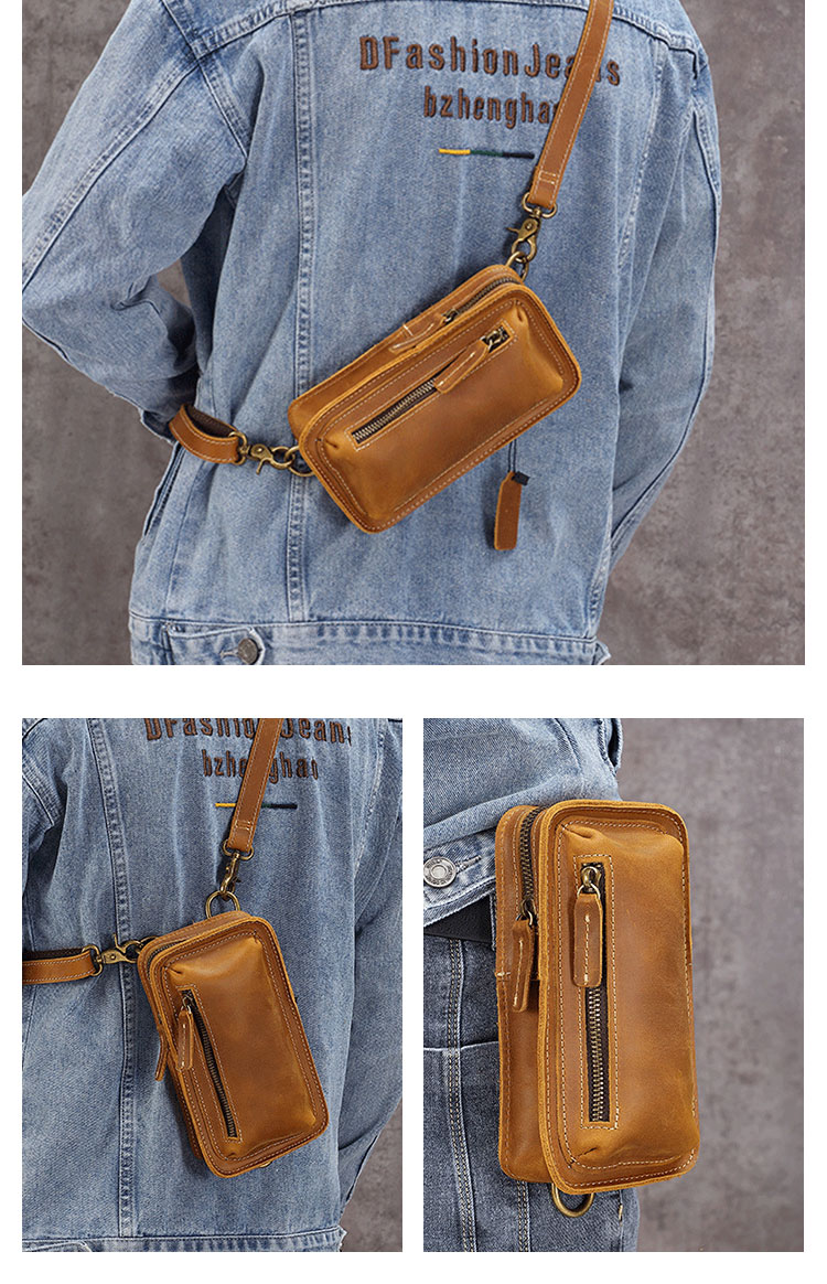 Whatna牛 革 ミニワンショルダーバッグ メンズ ミニ斜め掛け ボディバッグ 胸バッグ 手持げバッグ セカンドバッグ ミニウエストバッグ ウエストポーチバイク用 本革厚手 レザー 男女兼用 ブラウン 黒-10