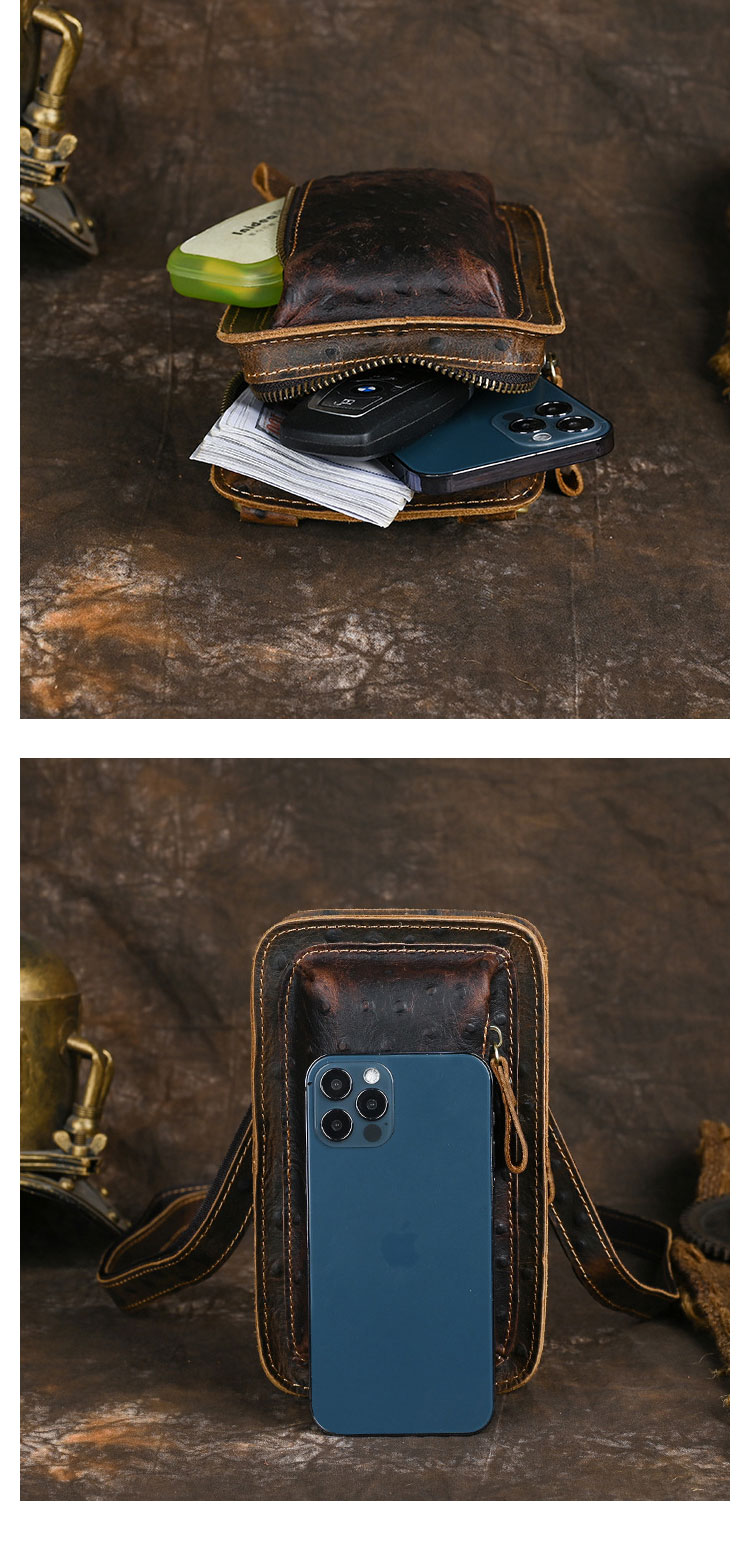 Whatna 牛 革 ミニワンショルダーバッグ メンズ ミニ斜め掛け ボディバッグ 胸バッグ 手持げバッグ セカンドバッグ ミニウエストバッグ ウエストポーチバイク用 本革厚手 レザー 男女兼用 ブラウン-9