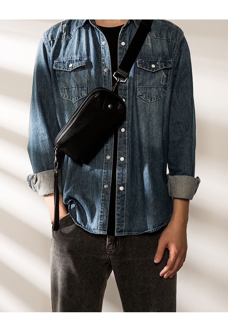 Whatna アンティーク風合い鞣し天 然ミニワンショルダーバッグ メンズ ミニ斜め掛け ボディバッグ 胸バッグ 手持げバッグ セカンドバッグ ミニウエストバッグ ウエストポーチバイク用 本革厚手 レザー 男女兼用 ブラウン 黒-9