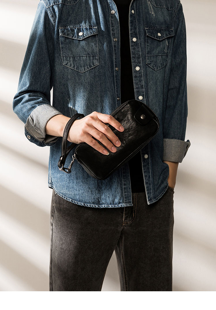 Whatna アンティーク風合い鞣し天 然ミニワンショルダーバッグ メンズ ミニ斜め掛け ボディバッグ 胸バッグ 手持げバッグ セカンドバッグ ミニウエストバッグ ウエストポーチバイク用 本革厚手 レザー 男女兼用 ブラウン 黒-11