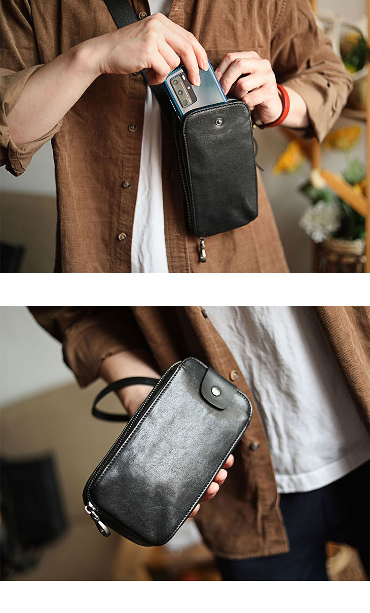 Whatna アンティーク風合い鞣し天 然ミニワンショルダーバッグ メンズ ミニ斜め掛け ボディバッグ 胸バッグ 手持げバッグ セカンドバッグ ミニウエストバッグ ウエストポーチバイク用 本革厚手 レザー 男女兼用 ブラウン 黒-12