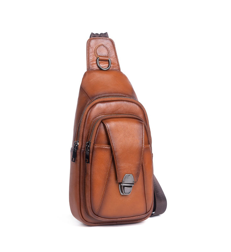 Whatna アンティーク風合い鞣し天 然 牛 革 ワンショルダーメンズ 3way 斜めがけ 肩掛け ボディバッグ 胸バッグ リュックバック 手持ちバック 手提げバック イヤホン穴付き 本革 厚手 レザー ダブルファスナー 左右付け替え可能 WX8686-3