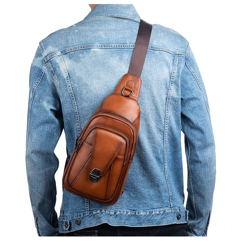 Whatna アンティーク風合い鞣し天 然 牛 革 ワンショルダーメンズ 3way 斜めがけ 肩掛け ボディバッグ 胸バッグ リュックバック 手持ちバック 手提げバック イヤホン穴付き 本革 厚手 レザー ダブルファスナー 左右付け替え可能 WX8686-9