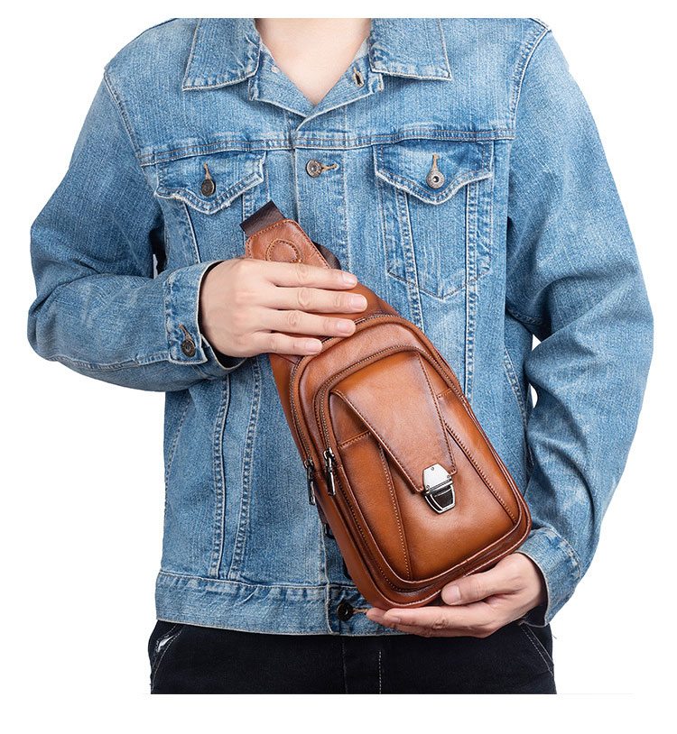 Whatna アンティーク風合い鞣し天 然 牛 革 ワンショルダーメンズ 3way 斜めがけ 肩掛け ボディバッグ 胸バッグ リュックバック 手持ちバック 手提げバック イヤホン穴付き 本革 厚手 レザー ダブルファスナー 左右付け替え可能 WX8686-11