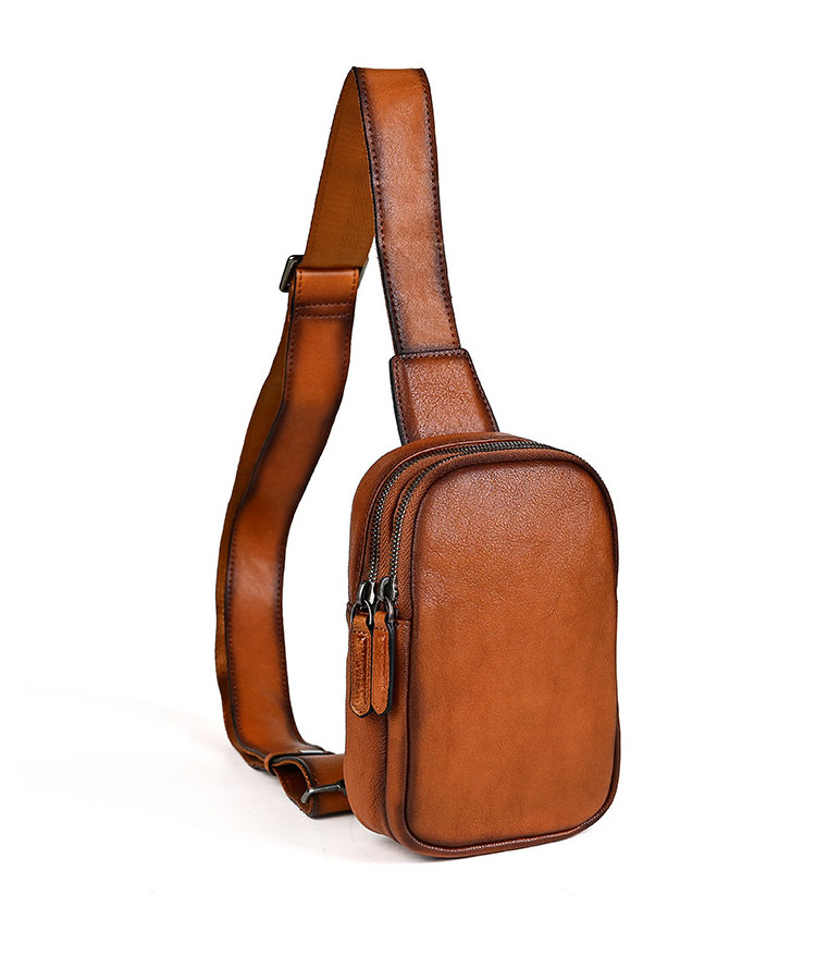 Whatna アンティーク風合い鞣し天 然 牛 革 ワンショルダーメンズ 3way 斜めがけ 肩掛けミニボディバッグ 胸バッグ  本革 厚手 レザー12051-3