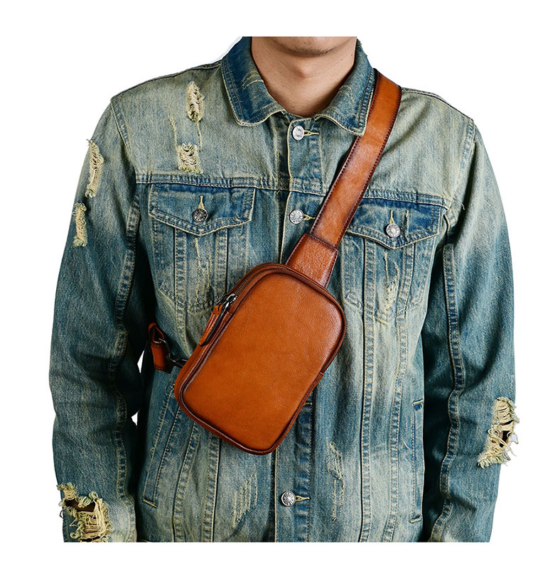 Whatna アンティーク風合い鞣し天 然 牛 革 ワンショルダーメンズ 3way 斜めがけ 肩掛けミニボディバッグ 胸バッグ  本革 厚手 レザー12051-7