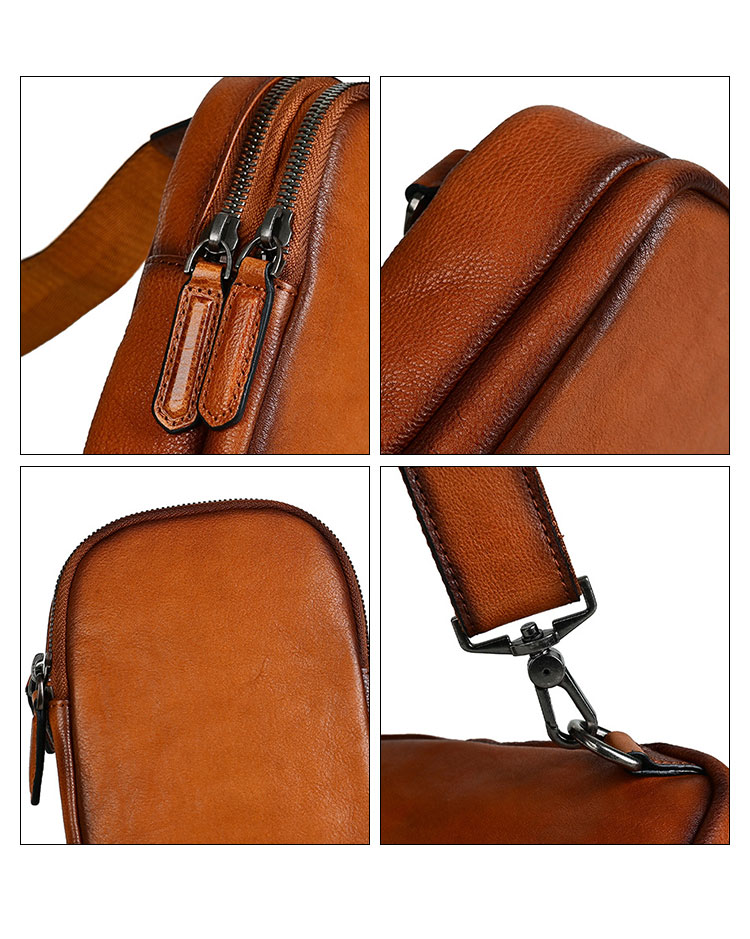 Whatna アンティーク風合い鞣し天 然 牛 革 ワンショルダーメンズ 3way 斜めがけ 肩掛けミニボディバッグ 胸バッグ  本革 厚手 レザー12051-6