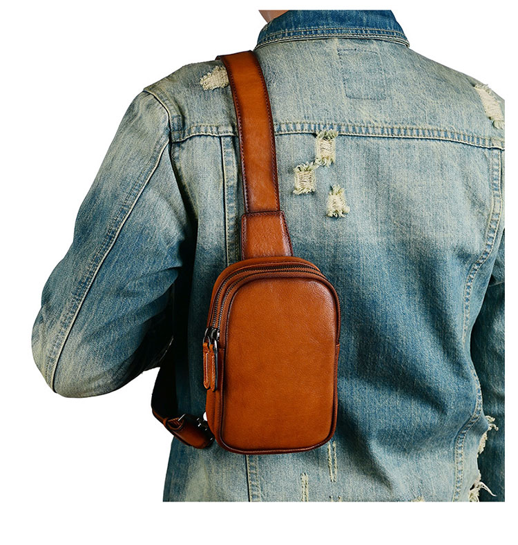 Whatna アンティーク風合い鞣し天 然 牛 革 ワンショルダーメンズ 3way 斜めがけ 肩掛けミニボディバッグ 胸バッグ  本革 厚手 レザー12051-9