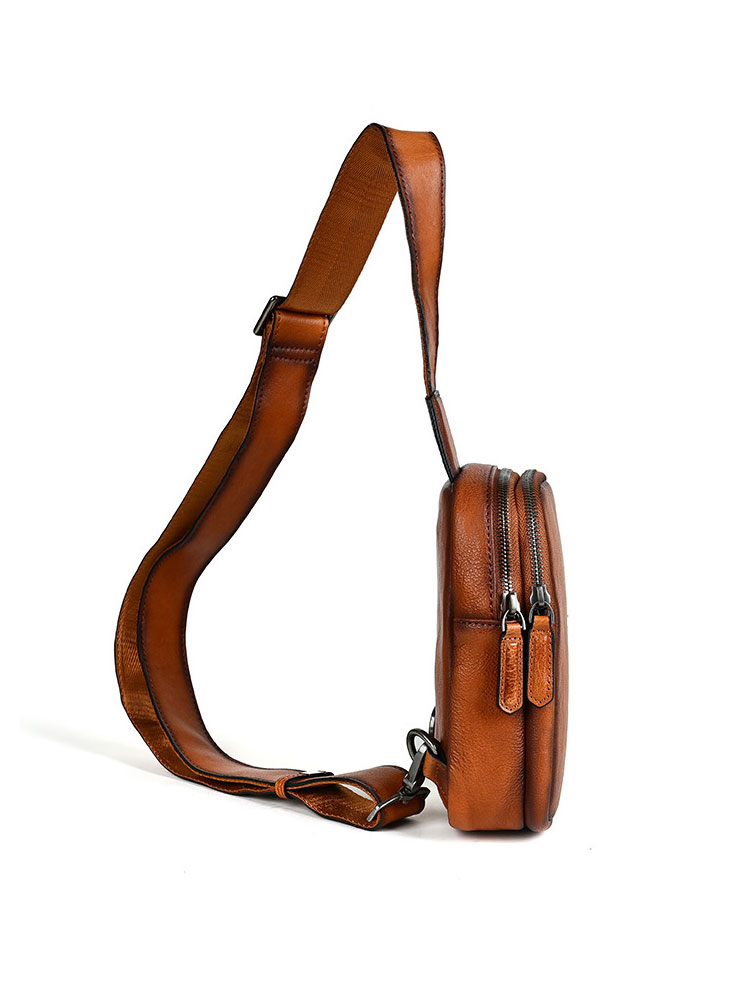 Whatna アンティーク風合い鞣し天 然 牛 革 ワンショルダーメンズ 3way 斜めがけ 肩掛けミニボディバッグ 胸バッグ  本革 厚手 レザー12051-4