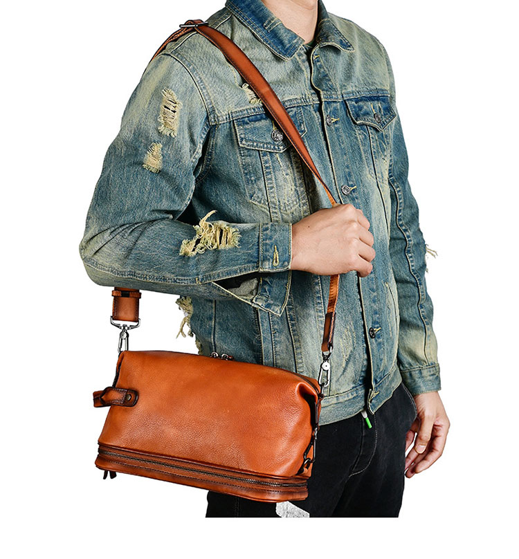 Whatna アンティーク風合い鞣し天 然 牛革ショルダーバッグ メンズ 3way 斜め掛け ボディーバッグ 肩掛け バッグ 胸バッグ カンドバッグ 小さい ブルファスナー pad 10.5 収納可 結婚式 バッグ ビジネス フォーマル 冠婚葬祭 バッグ-7