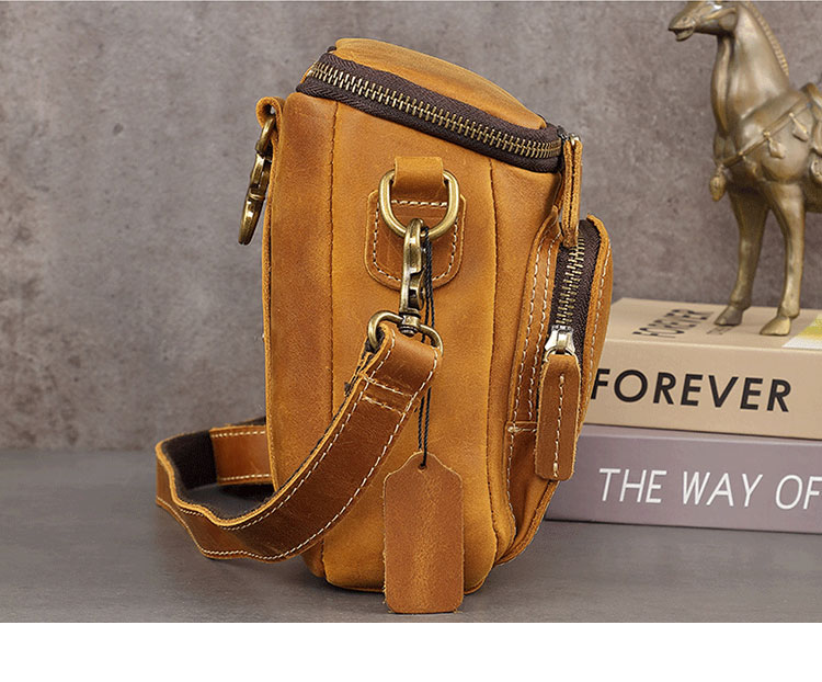 Whatna 牛 革 ミニワンショルダーバッグ メンズ ミニ斜め掛け ボディバッグ 胸バッグ ミニウエストバッグ ベルトポーチ カラビナポーチヒップバッグ ウエストポーチバイク用 本革厚手 レザー 男女兼用-3