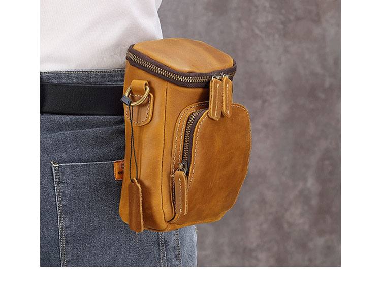Whatna 牛 革 ミニワンショルダーバッグ メンズ ミニ斜め掛け ボディバッグ 胸バッグ ミニウエストバッグ ベルトポーチ カラビナポーチヒップバッグ ウエストポーチバイク用 本革厚手 レザー 男女兼用-10