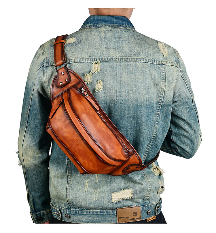 Whatna アンティーク風合い鞣し天 然 牛革 ワンショルダー メンズ ウエストポーチ ウエストバッグ  ミニショルダーバッグ 手作業で作 男女兼用 本革 斜めがけ ボディバッグ  斜め掛け 胸バッグ 15021-8
