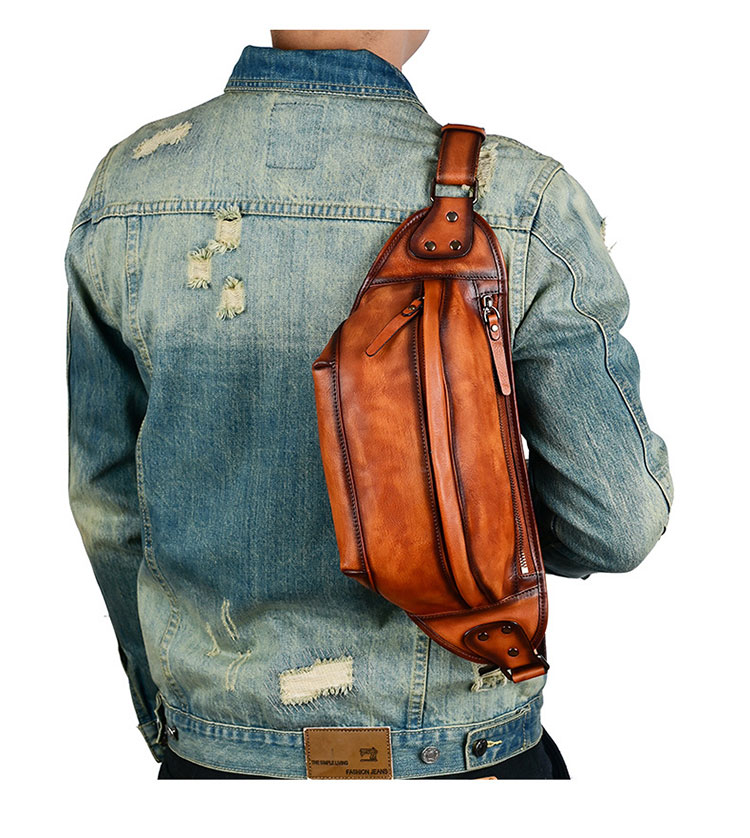 Whatna アンティーク風合い鞣し天 然 牛革 ワンショルダー メンズ ウエストポーチ ウエストバッグ  ミニショルダーバッグ 手作業で作 男女兼用 本革 斜めがけ ボディバッグ  斜め掛け 胸バッグ 15021-9