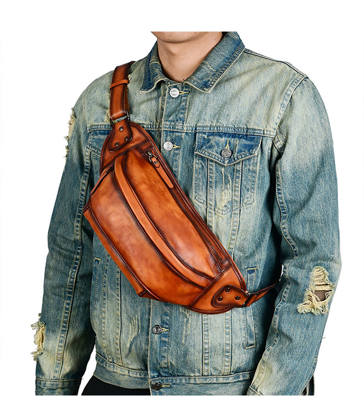 Whatna アンティーク風合い鞣し天 然 牛革 ワンショルダー メンズ ウエストポーチ ウエストバッグ  ミニショルダーバッグ 手作業で作 男女兼用 本革 斜めがけ ボディバッグ  斜め掛け 胸バッグ 15021-7