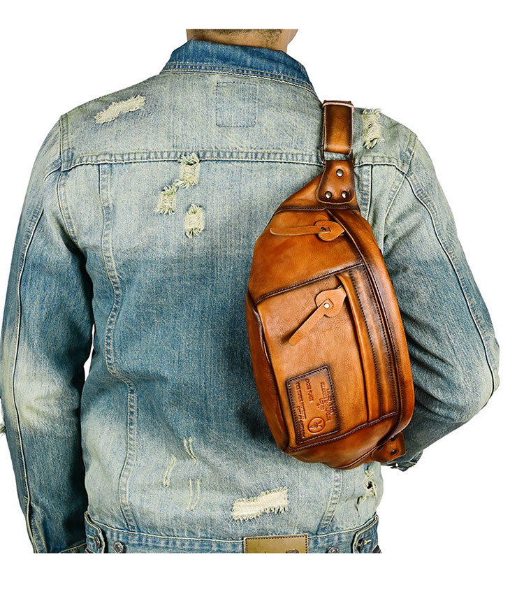 Whatna アンティーク風合い鞣し天 然 牛革 ワンショルダー メンズ ウエストポーチ ウエストバッグ ショルダーバッグ 手作業で作 男女兼用 本革 斜めがけ ボディバッグ  斜め掛け 胸バッグ 15022-9