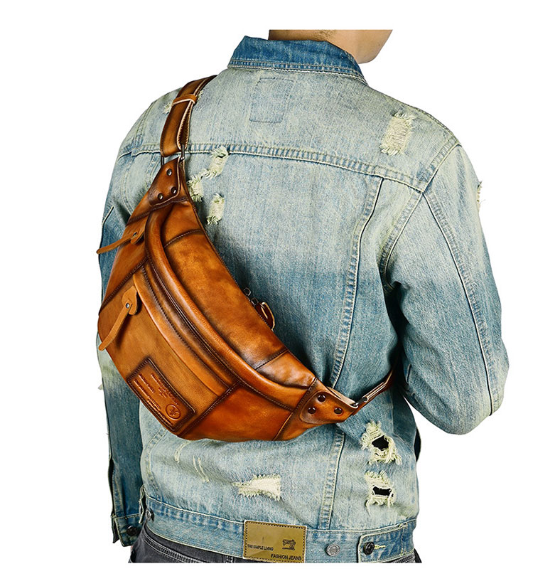 Whatna アンティーク風合い鞣し天 然 牛革 ワンショルダー メンズ ウエストポーチ ウエストバッグ ショルダーバッグ 手作業で作 男女兼用 本革 斜めがけ ボディバッグ  斜め掛け 胸バッグ 15022-8