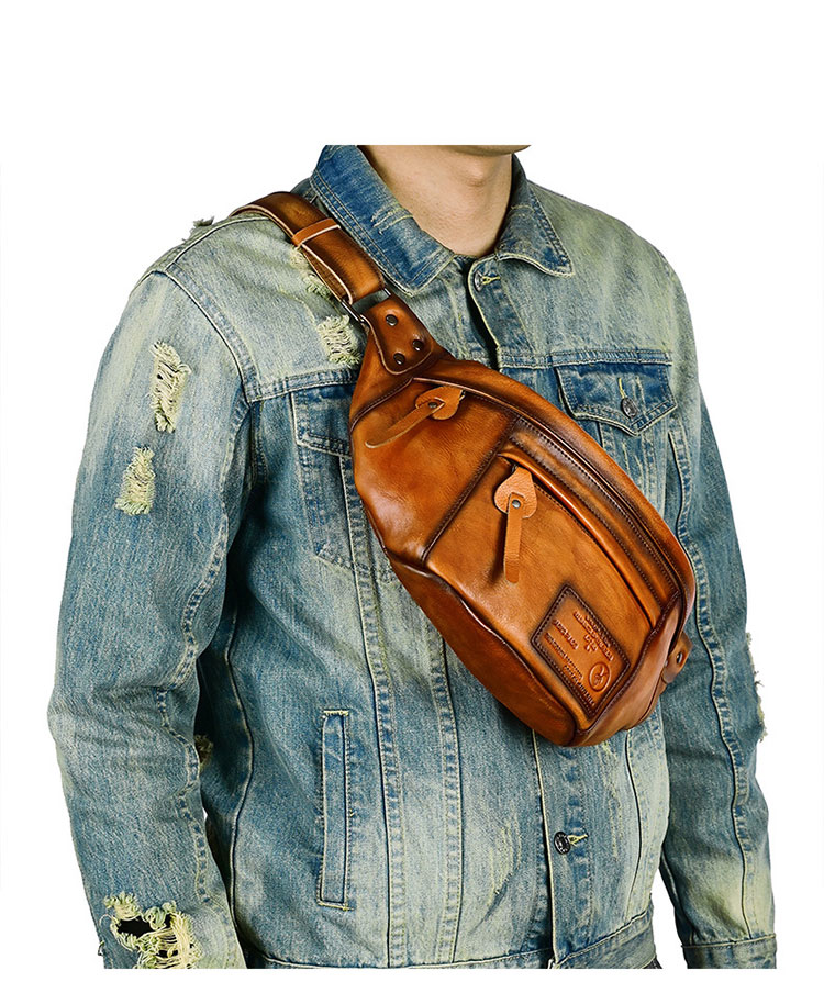 Whatna アンティーク風合い鞣し天 然 牛革 ワンショルダー メンズ ウエストポーチ ウエストバッグ ショルダーバッグ 手作業で作 男女兼用 本革 斜めがけ ボディバッグ  斜め掛け 胸バッグ 15022-7