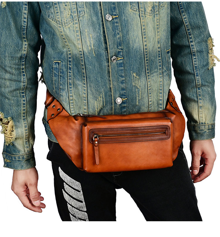 Whatna アンティーク風合い鞣し天 然 牛革 ワンショルダー メンズ ウエストポーチ ウエストバッグ ショルダーバッグ 手作業で作 男女兼用 本革 斜めがけ ボディバッグ 斜め掛け 胸バッグ 15023-9