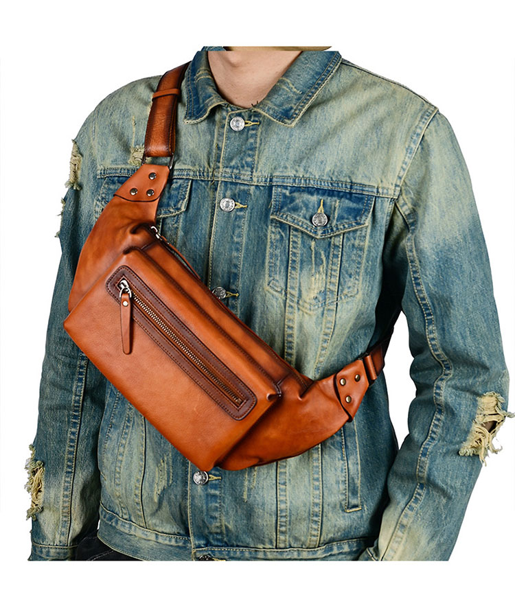 Whatna アンティーク風合い鞣し天 然 牛革 ワンショルダー メンズ ウエストポーチ ウエストバッグ ショルダーバッグ 手作業で作 男女兼用 本革 斜めがけ ボディバッグ 斜め掛け 胸バッグ 15023-7