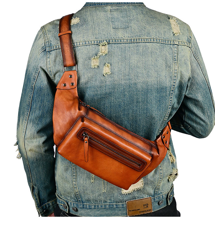 Whatna アンティーク風合い鞣し天 然 牛革 ワンショルダー メンズ ウエストポーチ ウエストバッグ ショルダーバッグ 手作業で作 男女兼用 本革 斜めがけ ボディバッグ 斜め掛け 胸バッグ 15023-8