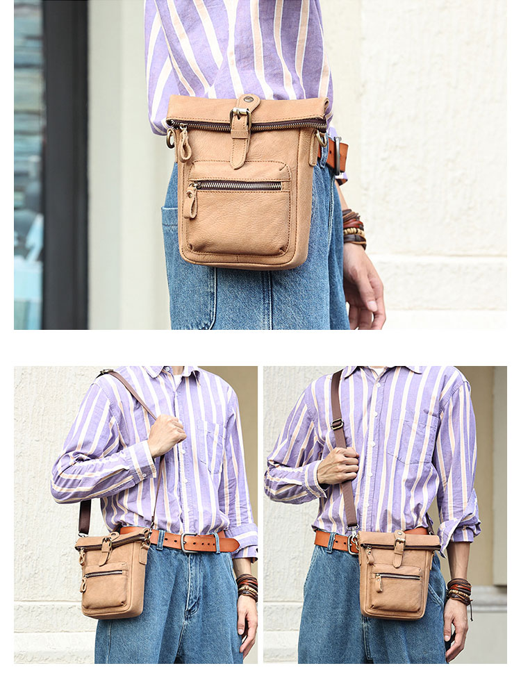 Whatna 牛革 ミニワンショルダーバッグ メンズ ミニ斜め掛け ボディバッグ 胸バッグ ミニウエストバッグ ベルトポーチ カラビナポーチヒップバッグ ウエストポーチバイク用 本革厚手 レザー 男女兼用-10