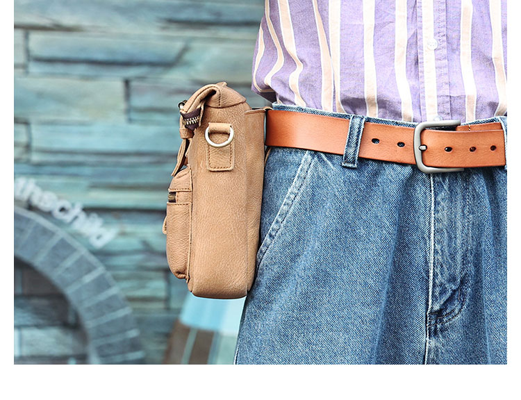 Whatna 牛革 ミニワンショルダーバッグ メンズ ミニ斜め掛け ボディバッグ 胸バッグ ミニウエストバッグ ベルトポーチ カラビナポーチヒップバッグ ウエストポーチバイク用 本革厚手 レザー 男女兼用-9