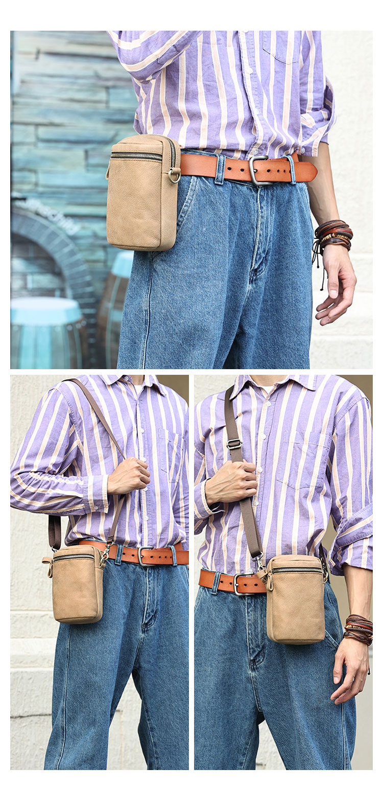 Whatna 牛 革 ミニワンショルダーバッグ メンズ ミニ斜め掛け ボディバッグ 胸バッグ ミニウエストバッグ ベルトポーチ カラビナポーチヒップバッグ ウエストポーチバイク用 本革厚手 レザー 男女兼用-5