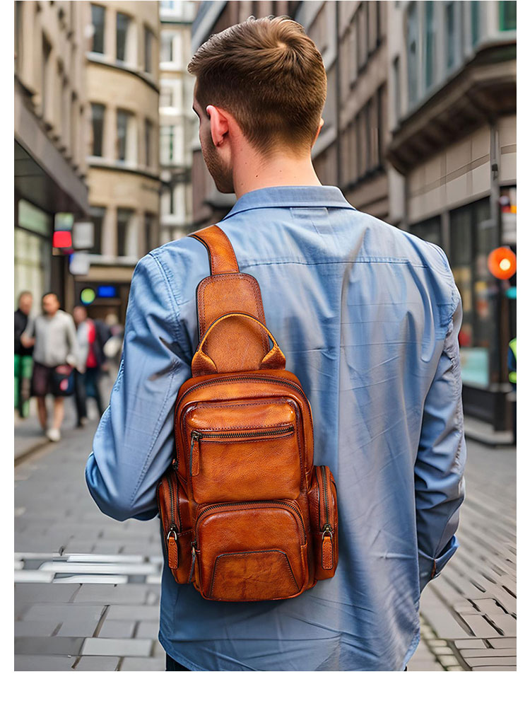 Whatna アンティーク風合い鞣し天 然 牛 革 ワンショルダーメンズ 3way 斜めがけ 肩掛けミニボディバッグ 胸バッグ 本革 厚手 レザー12042-9