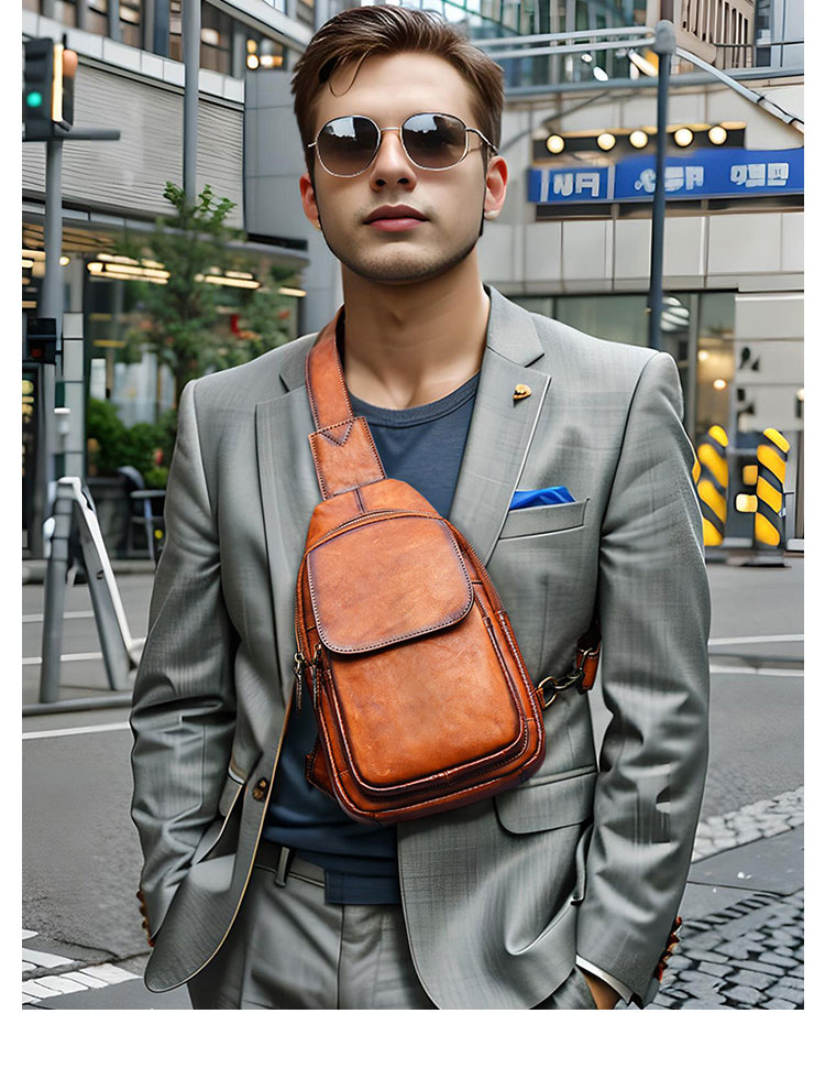 Whatna アンティーク風合い鞣し天 然 牛 革 ワンショルダーメンズ 3way 斜めがけ 肩掛けミニボディバッグ 胸バッグ  本革 厚手 レザー7589-12