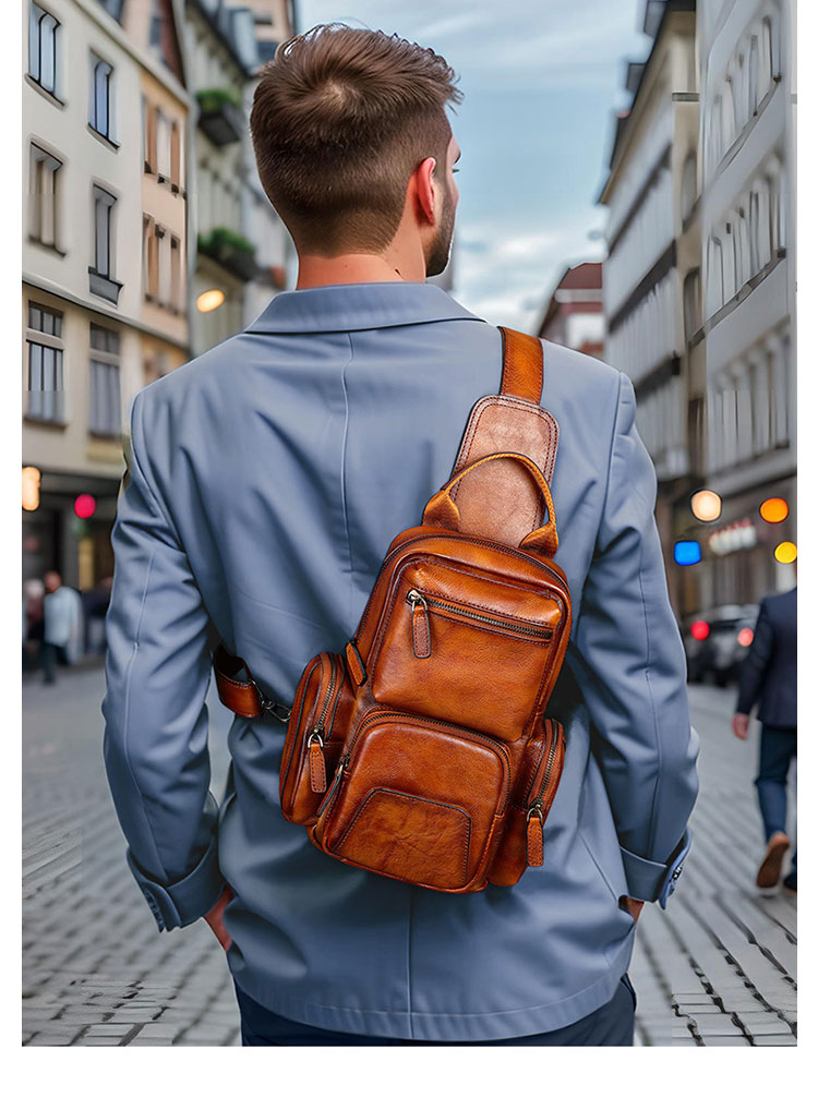 Whatna アンティーク風合い鞣し天 然 牛 革 ワンショルダーメンズ 3way 斜めがけ 肩掛けミニボディバッグ 胸バッグ 本革 厚手 レザー12042-8